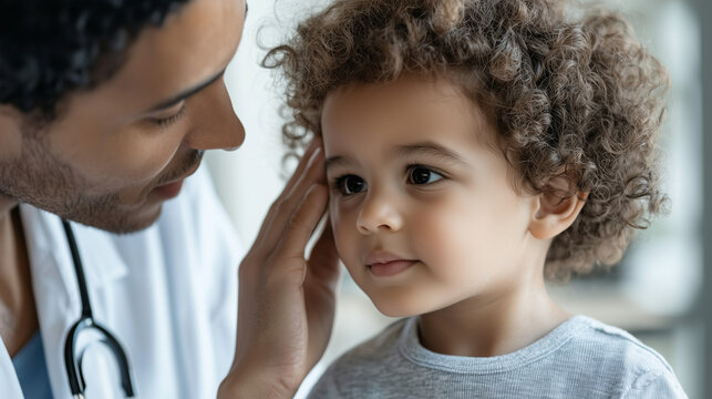 Side view of doctor testing hearing, child tilting head slightly, attentive look. Natural light, fine details.