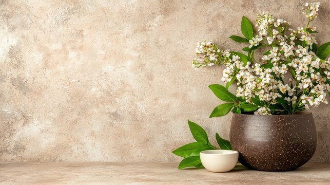 White spring blossoms in a dark ceramic bowl next to a small white cup on a rustic wooden table against a textured beige wall.