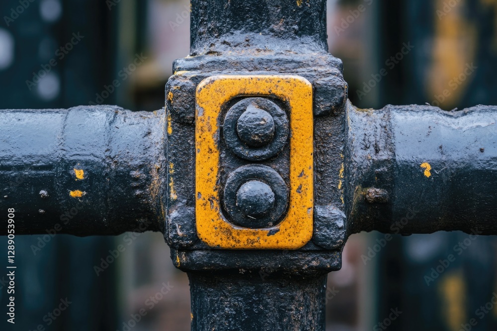 Poster close-up shot of a metal pole with a yellow button, suitable for use in industrial or construction s
