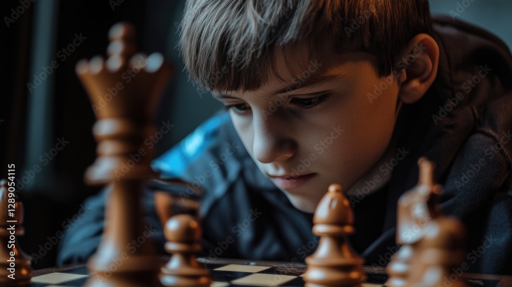 Poster a young boy concentrating on a game of chess, sitting at a wooden table with a chessboard and pieces