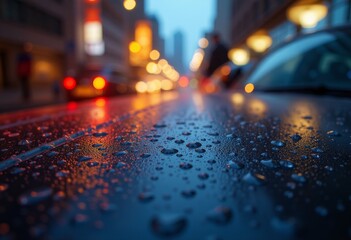  Blurred city lights reflected in water droplets on a car window at night