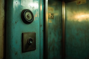 A simple green door with a button on it, perfect for use in scenes about everyday life or modern architecture