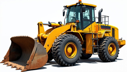 Yellow heavy duty construction vehicle with large bucket isolated on white backdrop. Industrial machinery used for robust excavation, earth moving, building. Powerful bulldozer equipment for