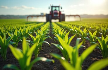 Corn field with young plants, tractor spraying pesticides in background. Agriculture machinery cultivates land with fertilizers, insecticides, herbicides. Weed killer application, farming, food