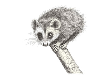 Vintage art animal print, hand-drawn opossum in black sketch effect, trendy illustration on white background, old engraving style.