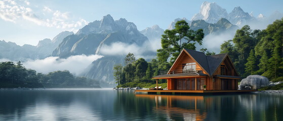 Obraz premium A floating house on a lake in the mountains with a_007