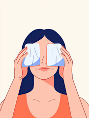 Menopause symptoms flat illustration. Flat digital illustration of a woman placing cooling gel packs on her face, managing night sweats, menopause relief concept