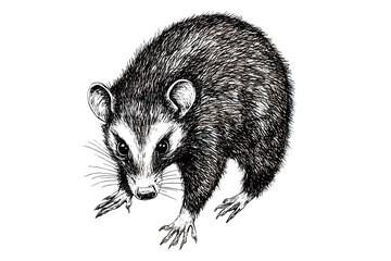 Hand-drawn opossum in old engraving style, black sketch effect, animal print, vintage art, trendy illustration on white background.
