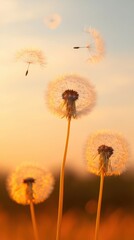 Obraz premium Dandelion seeds blowing in the breeze nature field sunset glow close-up serenity