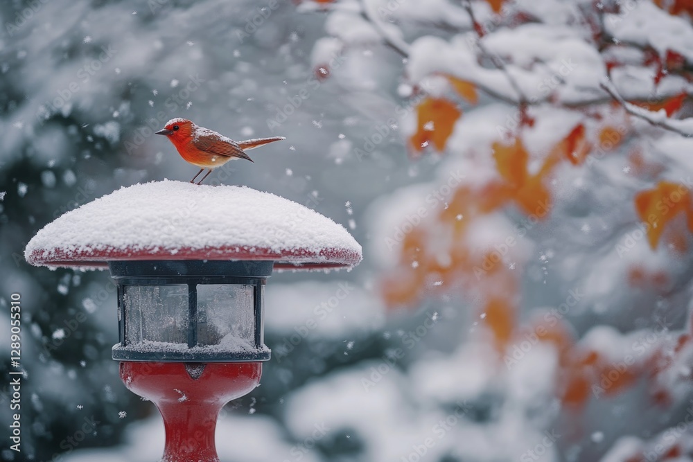 Poster a bird sits on top of a bird feeder in snowy conditions