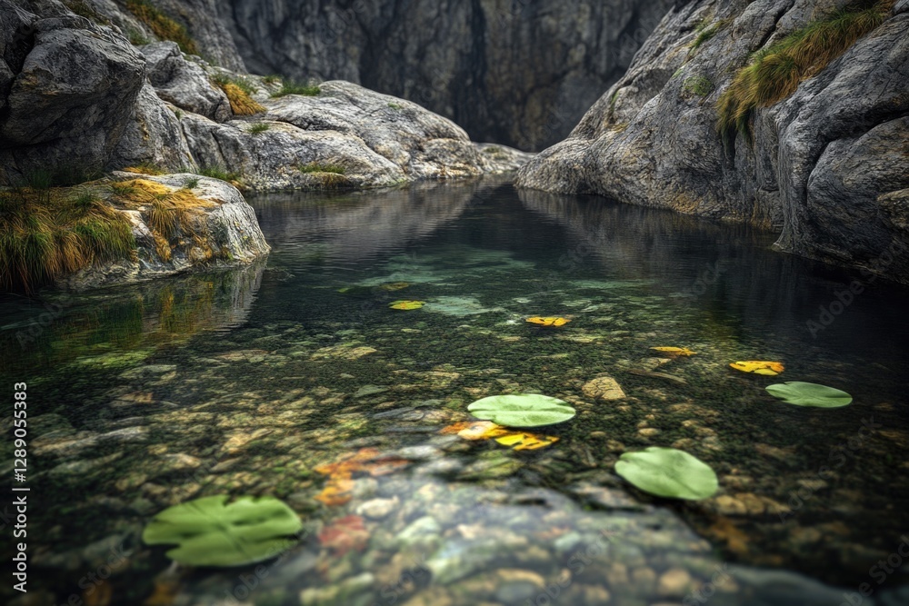 Poster a serene scene with water lilies floating on the surface of a calm body of water, surrounded by rock