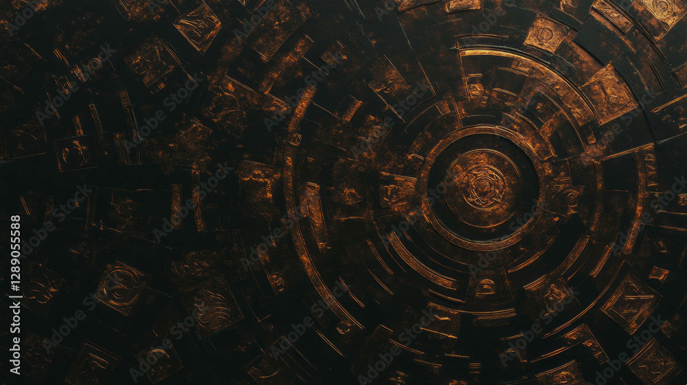 Poster intricate copper texture with carved symbols for artistic design