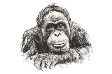Black sketch effect animal art, hand-drawn orangutan vintage style, wildlife illustration, trendy wall decor, nature drawing, artistic wall piece, old engraving artwork. © Vintage Studio