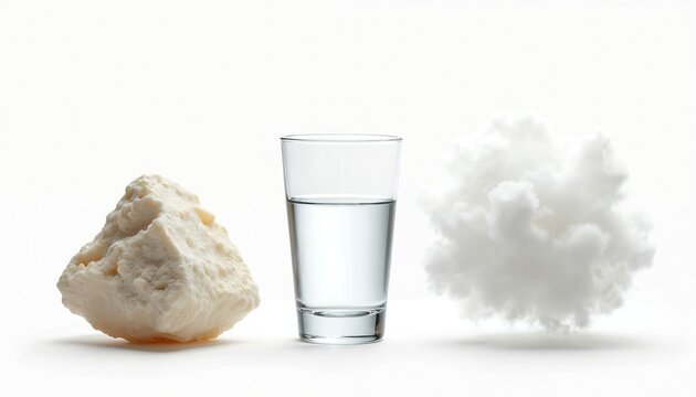 Solid, liquid, gas on white background shows states of matter. Glass water cup, stone, fume cloud represent science, chemistry states, phases. Study substance properties, transformation.