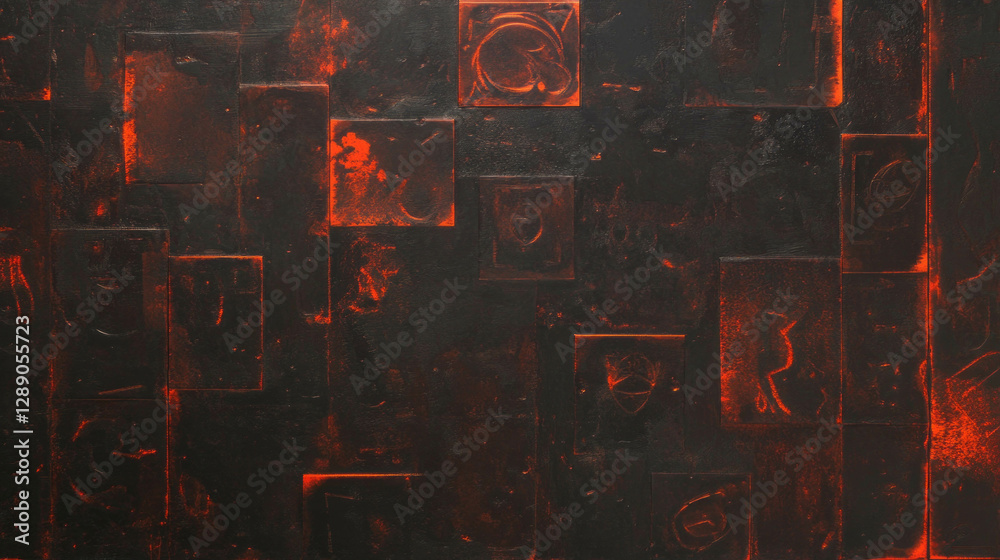 Poster Copper texture with carved symbols and abstract overlay for artistic design