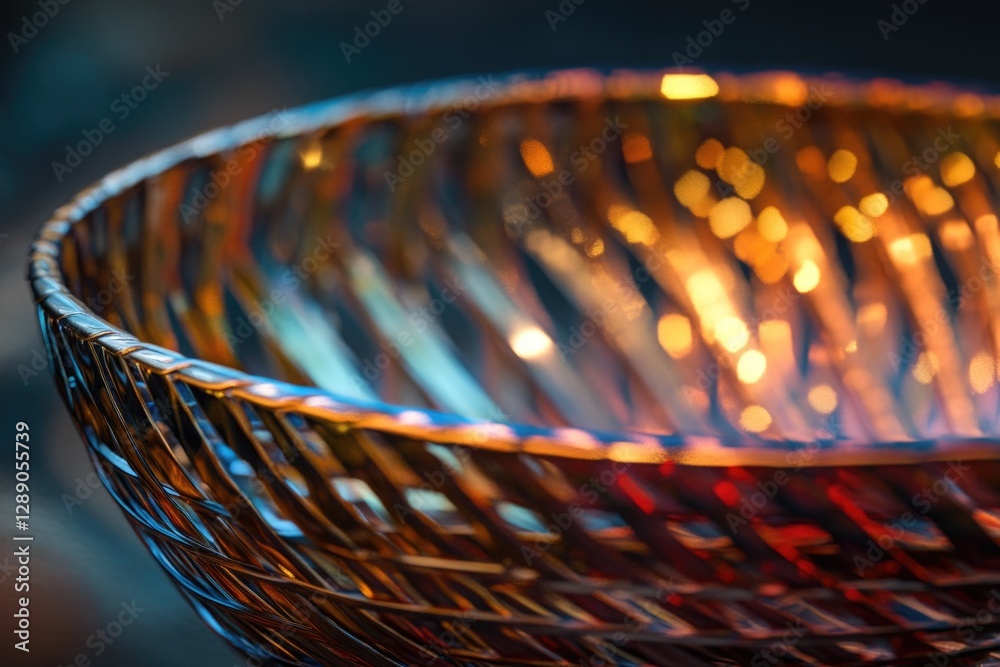 Poster a close-up shot of a bowl with soft lights shining from behind, perfect for use in interior design o