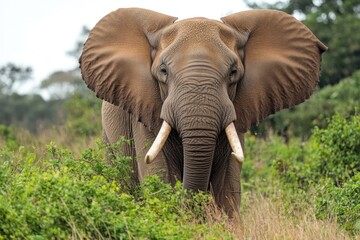 Obraz premium A majestic elephant with tusks roaming through a green field, perfect for wildlife or nature-themed projects