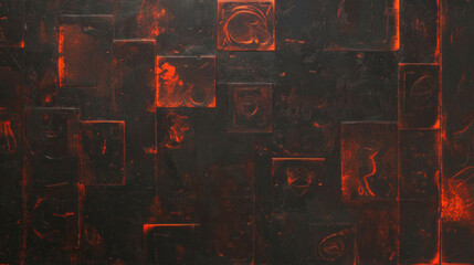 Copper texture with carved symbols and abstract overlay for artistic design