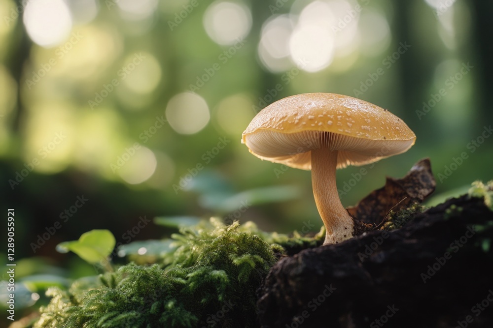 Poster a single mushroom sits atop a decaying tree stump in a natural setting