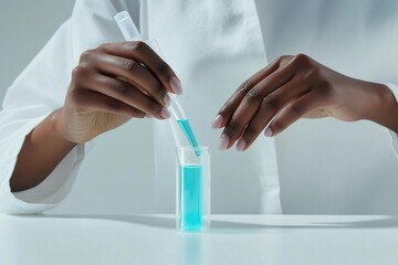 Fototapeta premium A scientist carefully adds a light blue liquid into a small glass test tube using a pipette.