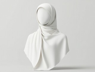Hijab mockup. A white hijab draped elegantly over a bust display, showcasing smooth fabric and minimalist design on a neutral background.