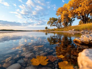 Autumn river reflection scenic landscape nature tranquil environment low angle view serene concept