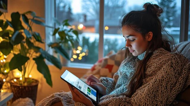 Cozy Evening Digital Engagement: A young woman engrossed in her tablet, enveloped in the warmth of her home, illuminated by soft, inviting lights and the backdrop of a serene, wintry scene.