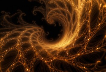 Naklejka premium Luminous golden fractal patterns radiating light in darkness forming an intricate and captivating visual display