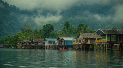 Fototapeta premium A floating village on a lake with houses on stilts_005