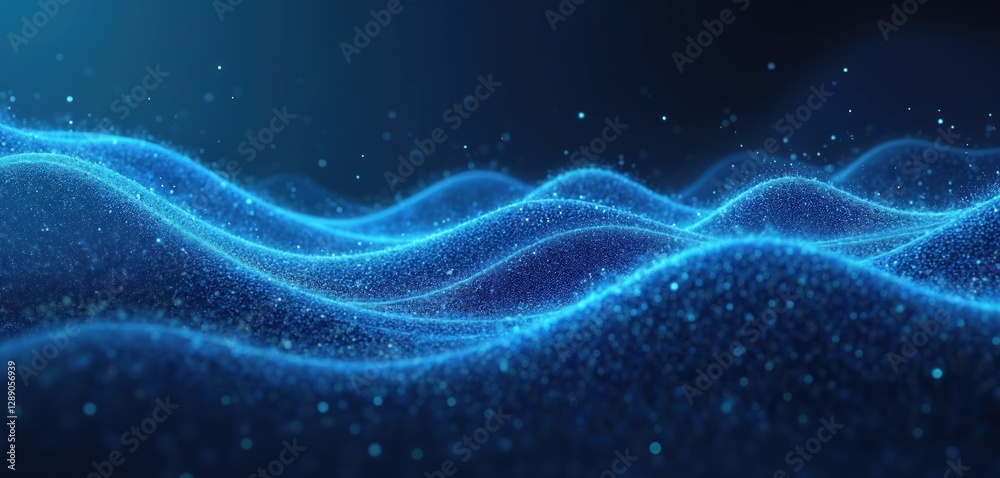 Poster abstract dark blue background with glowing particles. dynamic wave of dots flow. futuristic data str