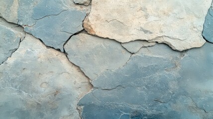 Obraz premium Close-up view of a stone wall with gray and beige stones. The stones are irregular in shape and size, with visible cracks and crevices. The texture