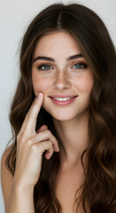 Studio portrait of a young woman with freckles and long brown hair, touching her face with a relaxed expression.