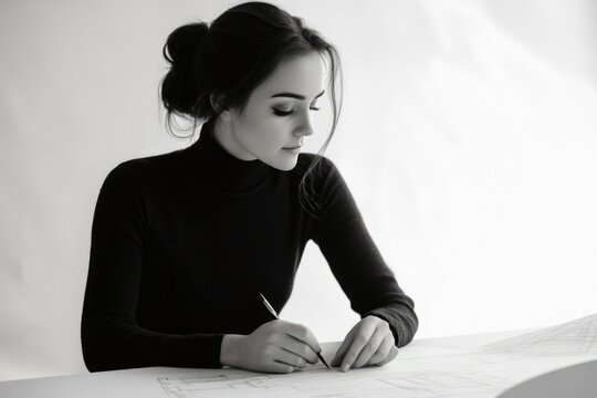 A young woman with dark hair in a turtleneck sweater is intently focused on writing or drawing on a blueprint.