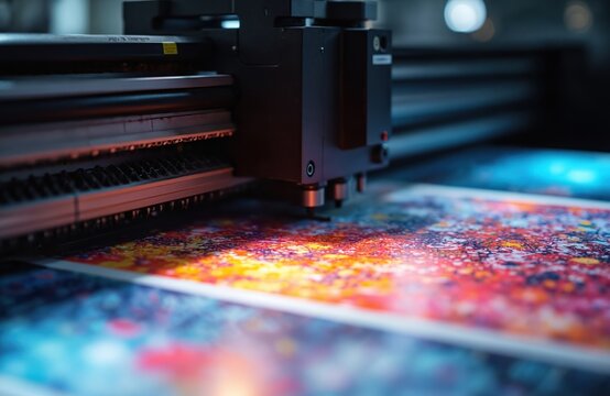 Close-up of modern digital inkjet printer in textile factory prints colorful pattern on fabric. Automated machinery, printing tech for clothing manufacture. Innovation in textile industry.