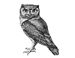 Vintage animal art, hand-drawn owl in old engraving style, black sketch effect, wildlife illustration, trendy wall decor, white background, rustic artwork, classic design.