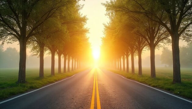 Tree lined road leads toward bright sunny horizon symbolizing journey toward success and opportunities. Large space for text or product presentation in center. Sunny inspirational landscape.