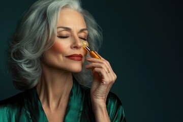Obraz premium Elegant mature woman with silver hair applying face serum with a roller, enjoying a self-care moment.