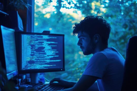 A young programmer intensely focuses on lines of code displayed on his computer screen, illuminated by a blue light. - Powered by Adobe