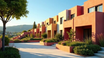 Fototapeta premium Modern Architectural Residential Complex with Landscaped Gardens and Hillside Views