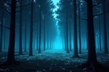 Fototapeta premium Foggy forest at night with misty trees and autumn foliage