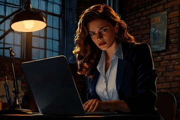 A focused woman with auburn hair works intensely on her laptop in a dimly lit room.
