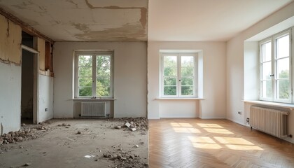 Room before, after renovation. Comparison of old apartment, newly renovated residence. Spacious rooms with big windows, radiator heating system. Improvement, modernization concept, restoration