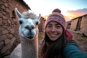 Obraz premium A young woman smiles for a selfie with a fluffy white alpaca in a picturesque Andean village at sunset.