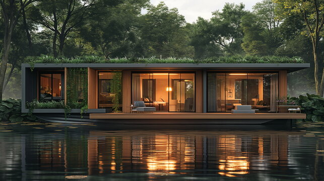 A houseboat on the river standing modestly among g_006