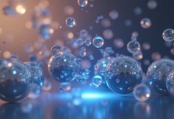  Floating transparent bubbles with a blue and purple hue and a light source creating a bokeh effect