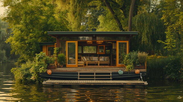 A houseboat on the river standing modestly among g_009