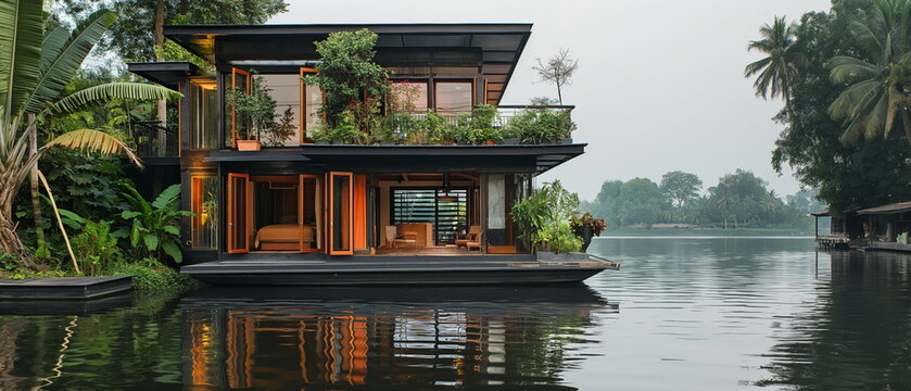 A houseboat on the river standing modestly among g_011