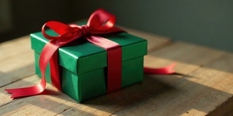 A luxuriously wrapped emerald green present with a vibrant crimson ribbon, resting on a sun-drenched wooden surface