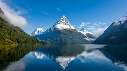 Fototapeta premium Majestic Snowcapped Mountain Peak Reflected in Calm Lake