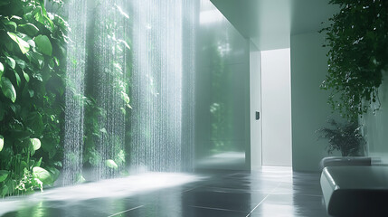 A realistic animation of a futuristic shower system that uses a water-recycling mechanism with mist and aromatherapy features, creating a spa-like experience 